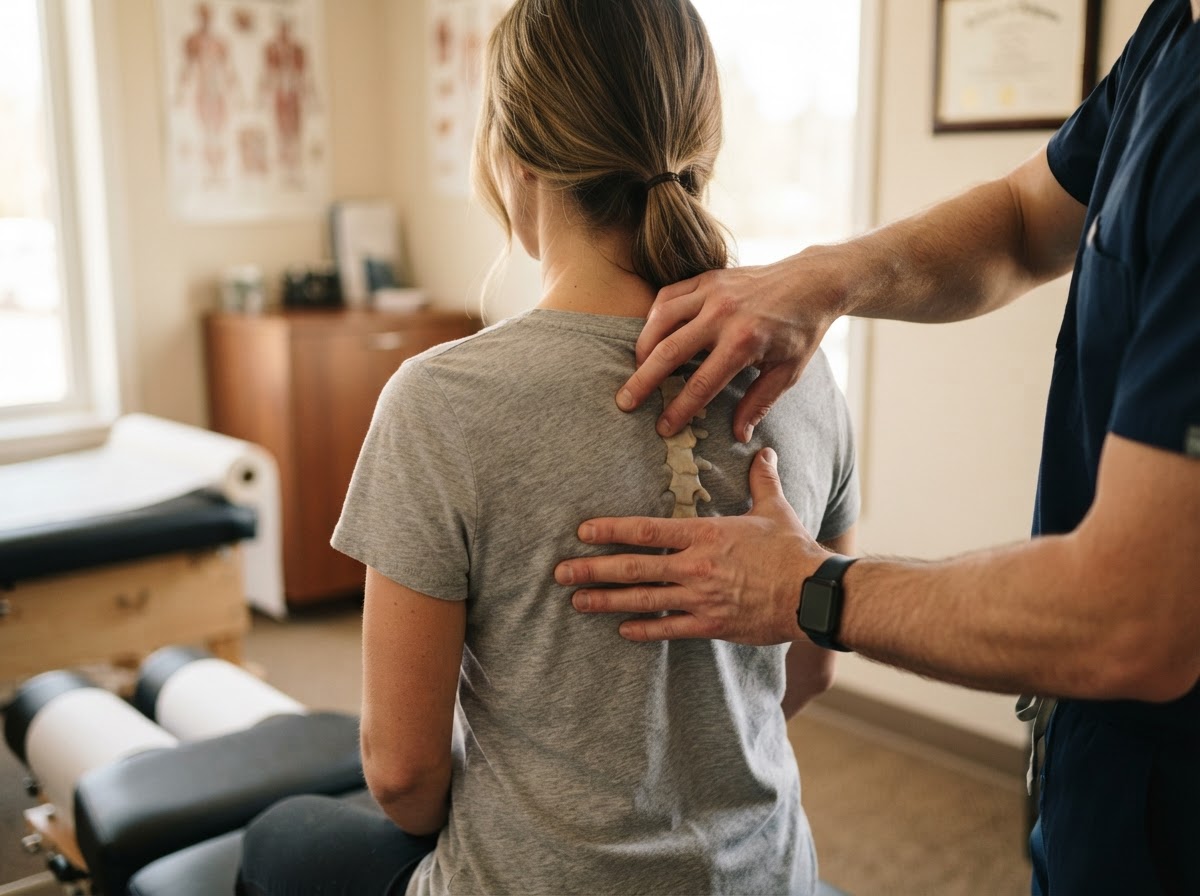 Chiropractor's hands assessing a patient's upper back