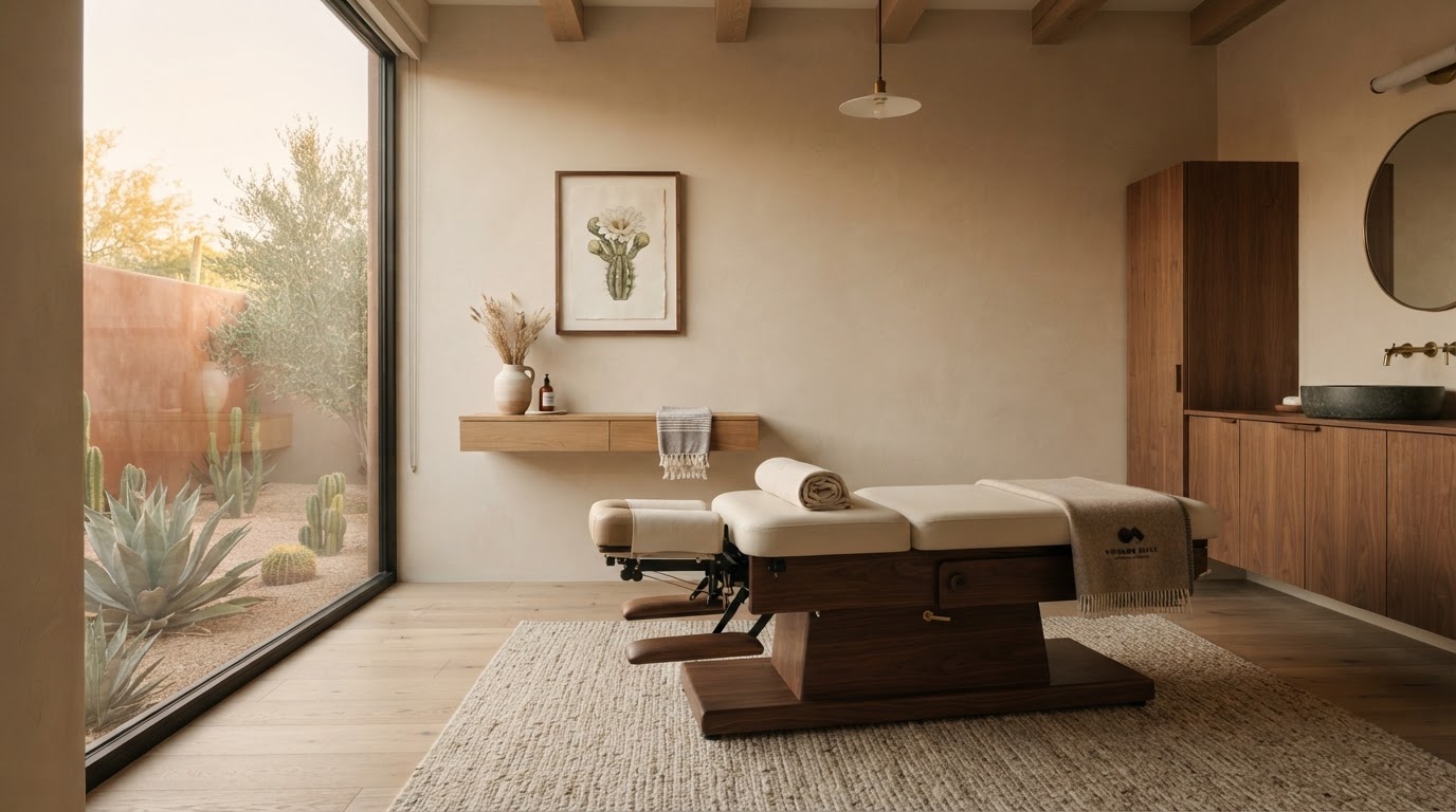 Serene chiropractic treatment room with warm natural light at Coyote Chiropractic in Tempe