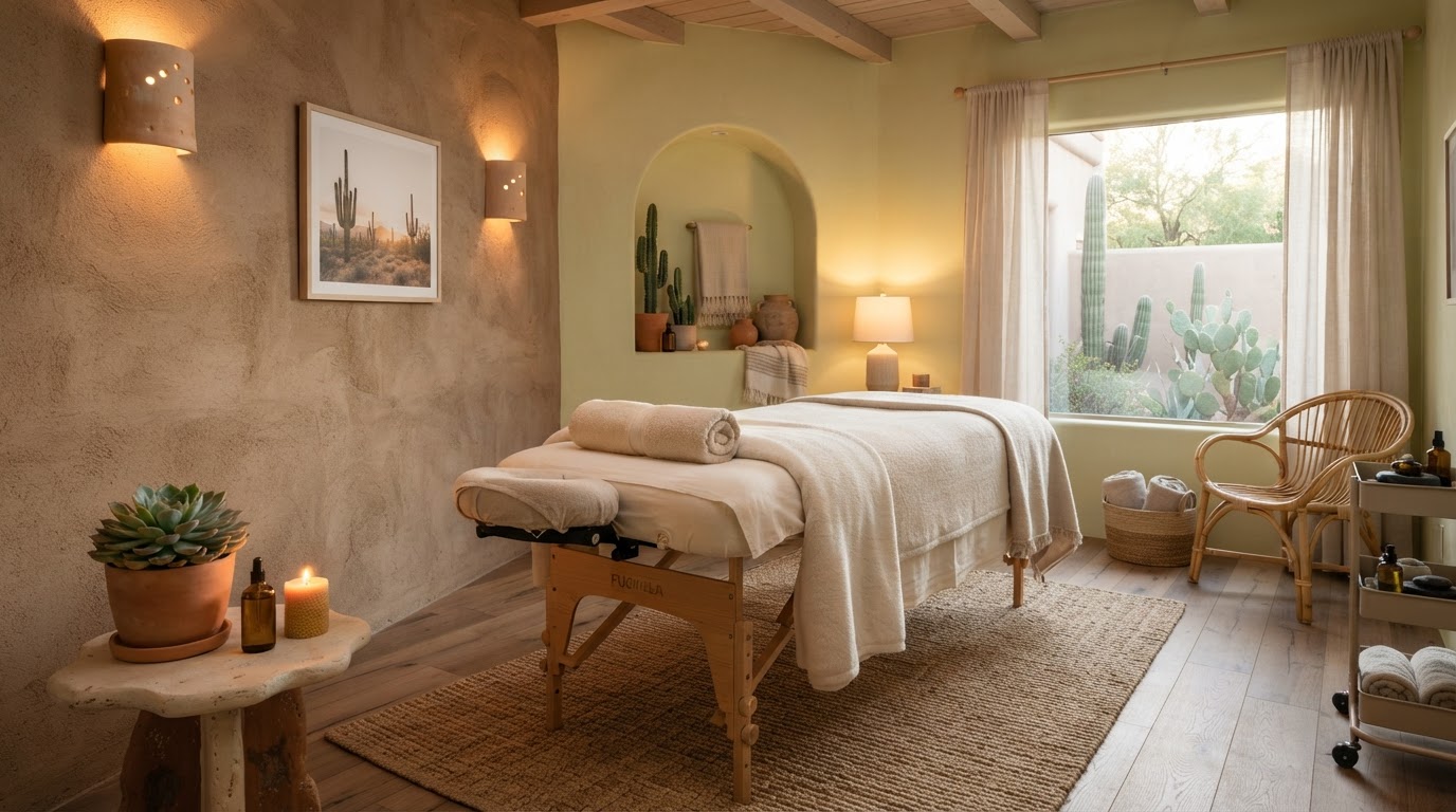 Calm massage therapy room with treatment table and warm lighting